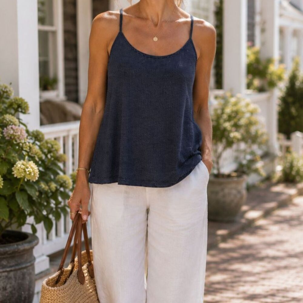 Eileen Fisher Navy Stripe Swing Tank Top Sleeveless Scoop Neck M Elevated Basic